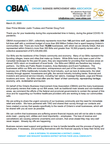 ontario bia association obiaa letter to prime minister justin trudeau and premier ford covid-19