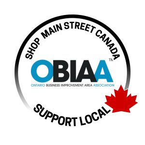Shop Main Street Canada. Support Local Logo with Maple Leaf and OBIAA logo in the centre
